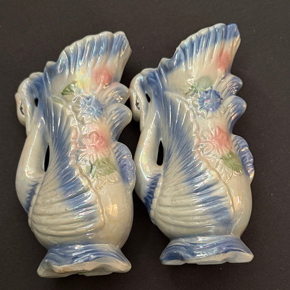 Vintage Ceramic Kissing Swan Vases with Floral Design